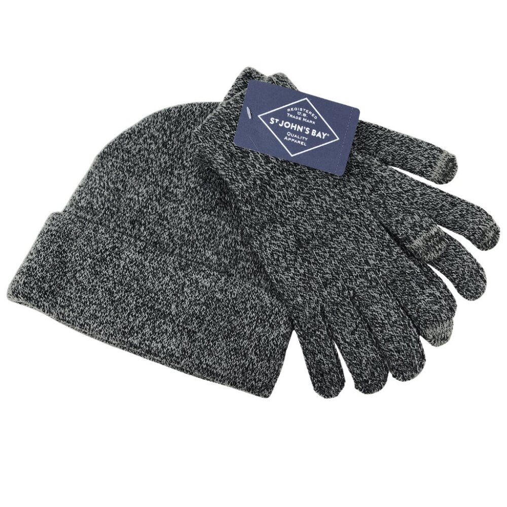 New St Johns Bay Mens Cold Weather Set Beanie Hat Cap & Gloves Acrylic Stretch